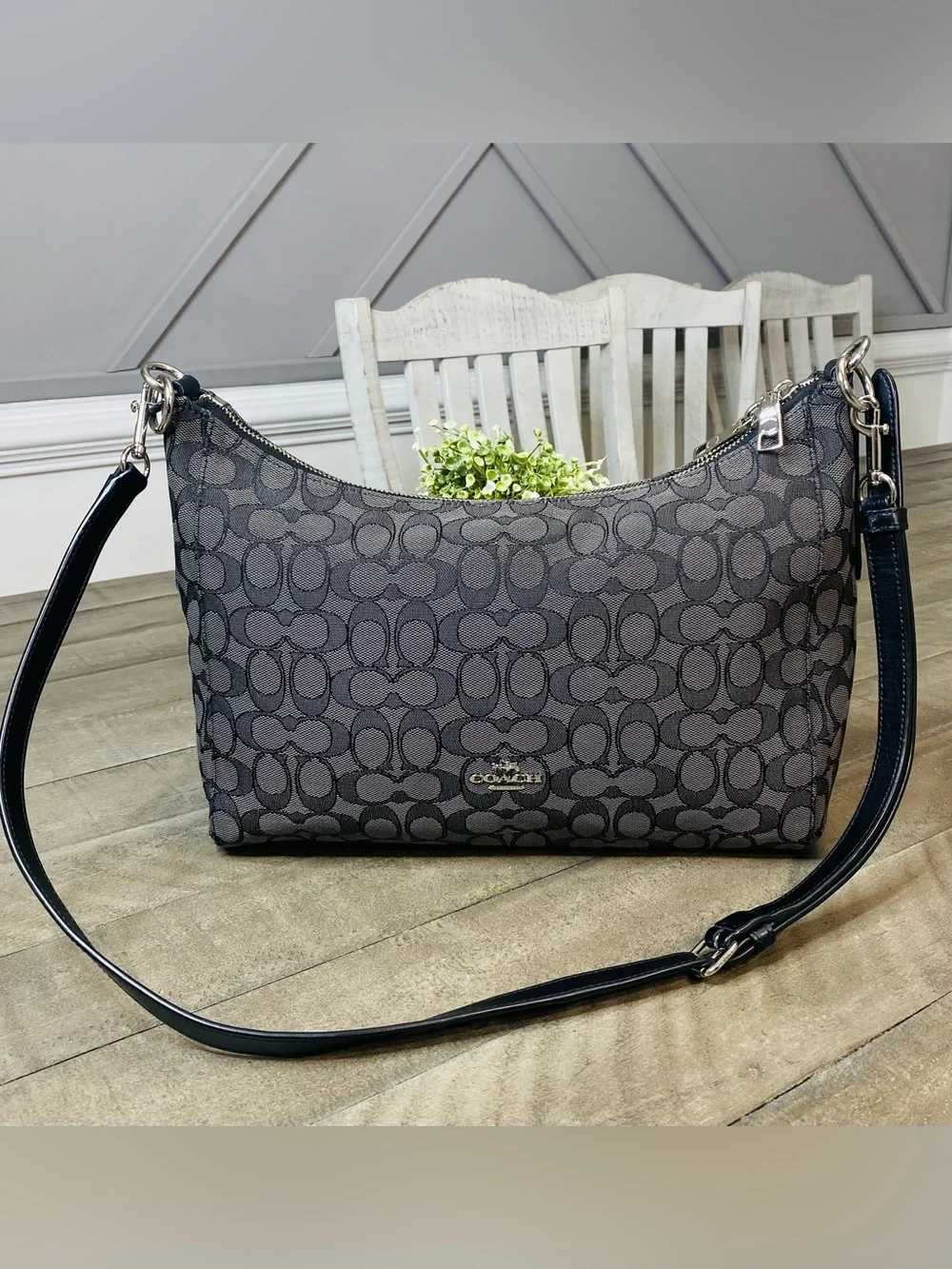 COACH F58284 East/West Celeste Hobo Signature Canvas Bag Black Smoke/Black